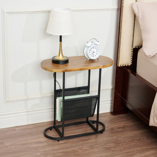 Side Table Set of 2, Glass Oval Small Coffee Table with Metal Magazines Organizer Storage, Modern End Table for Small Space, Living Room, Bedroom, Black