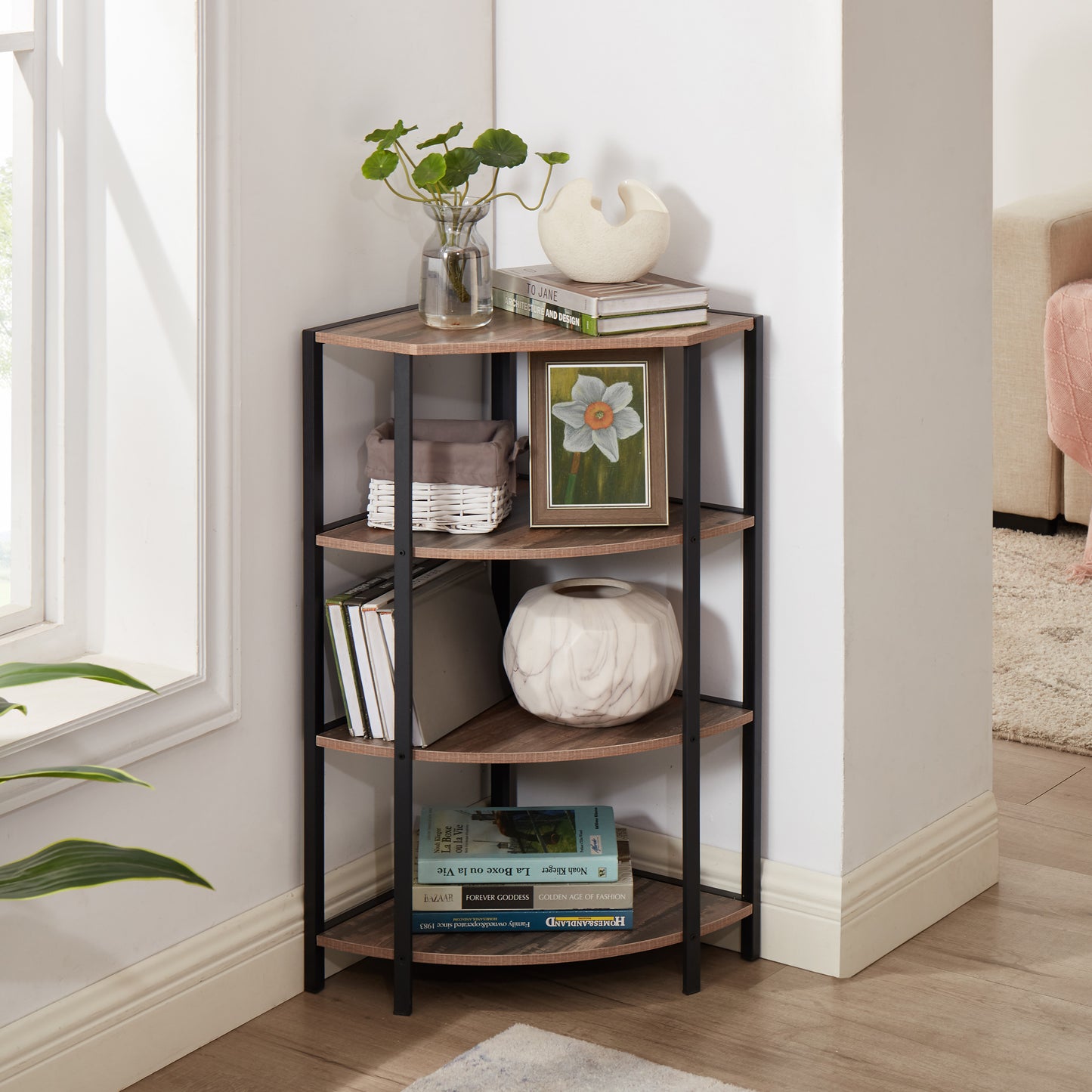 4 Tier Corner Bookshelf, Wooden Display Open Shelves with Metal Frame, Freestanding Small Plant Stand for Living Room, Home Office,