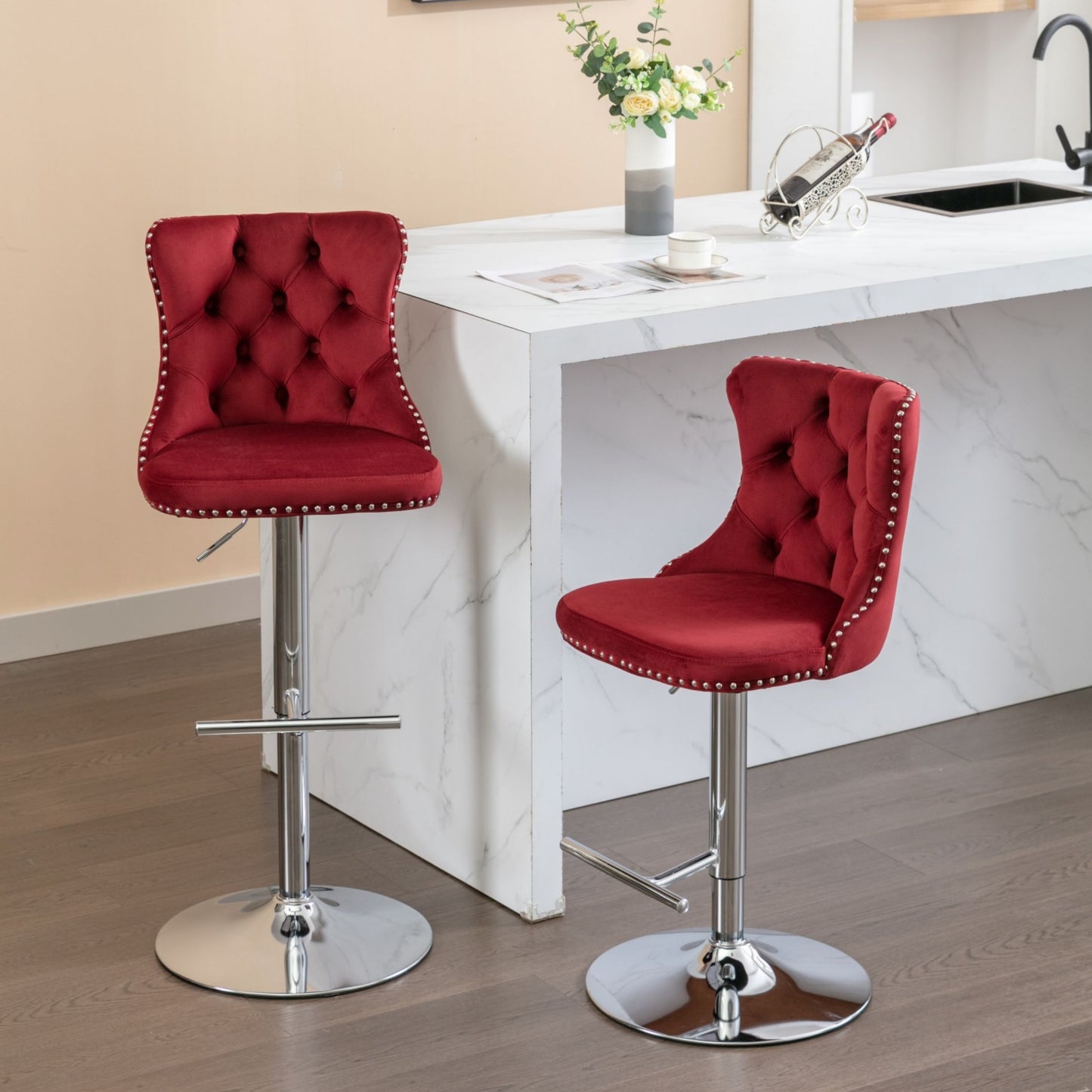 Swivel Velvet Bar Stools, Chrome Base Barstools Set of 2 with Tufted Backs, Modern Upholstered Adjustable Seat for Home Pub and Kitchen Island