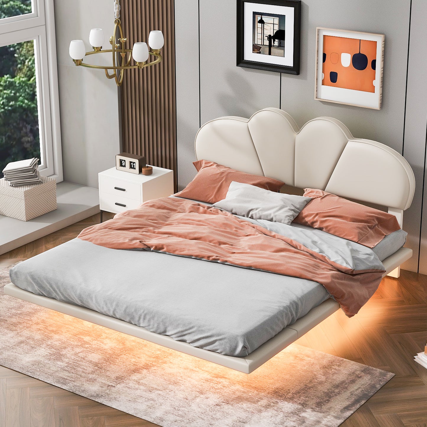 Floating Bed Frame, Full Size Platform Bed Frame with LED Ambient Light, Modern PU Leather Upholstery Headboard and Support Legs, Bedroom Furniture, No Box Spring Needed, Easy Assembly, Beige