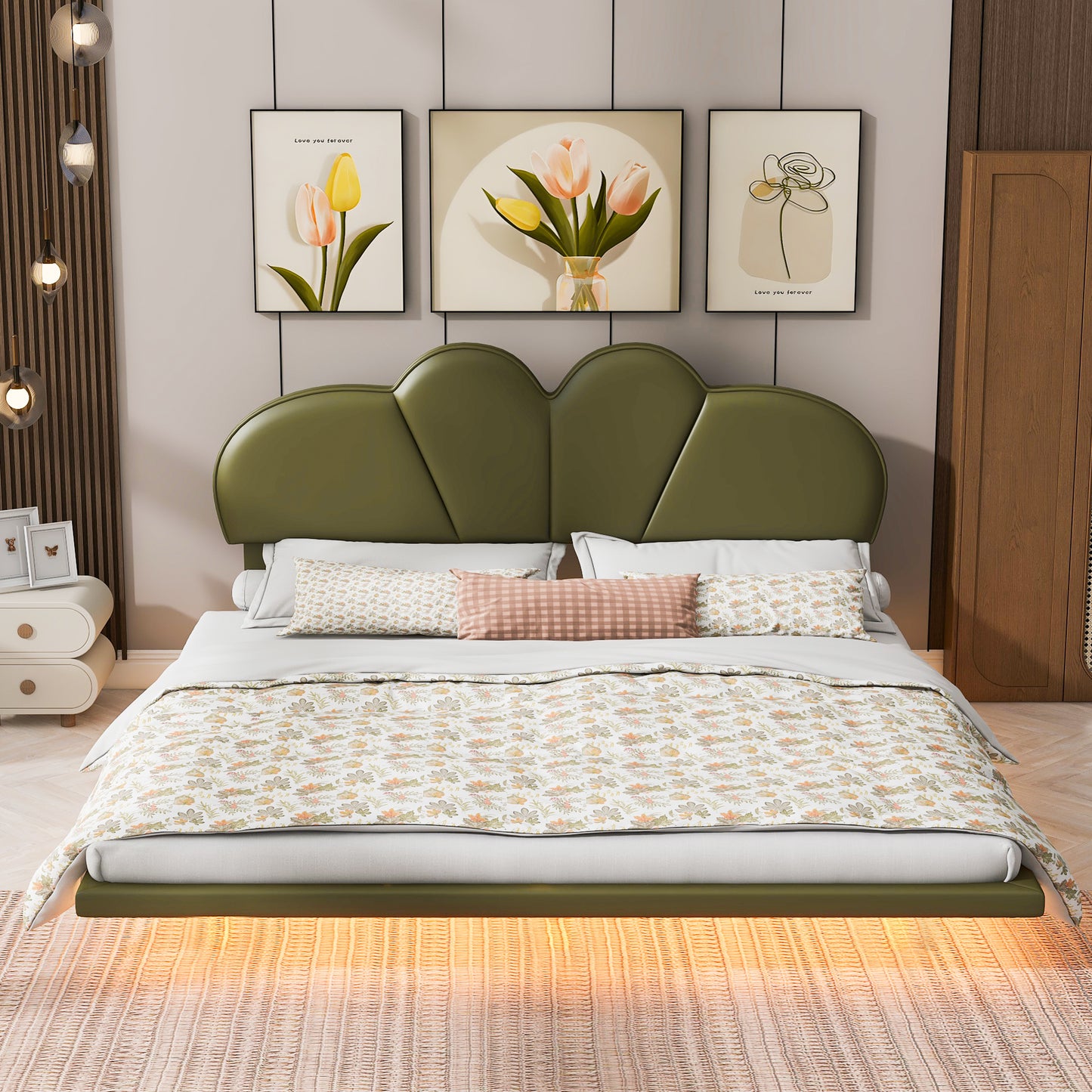 Floating Bed Frame, Full Size Platform Bed Frame with LED Ambient Light, Modern PU Leather Upholstery Headboard and Support Legs, Bedroom Furniture, No Box Spring Needed, Easy Assembly, Beige