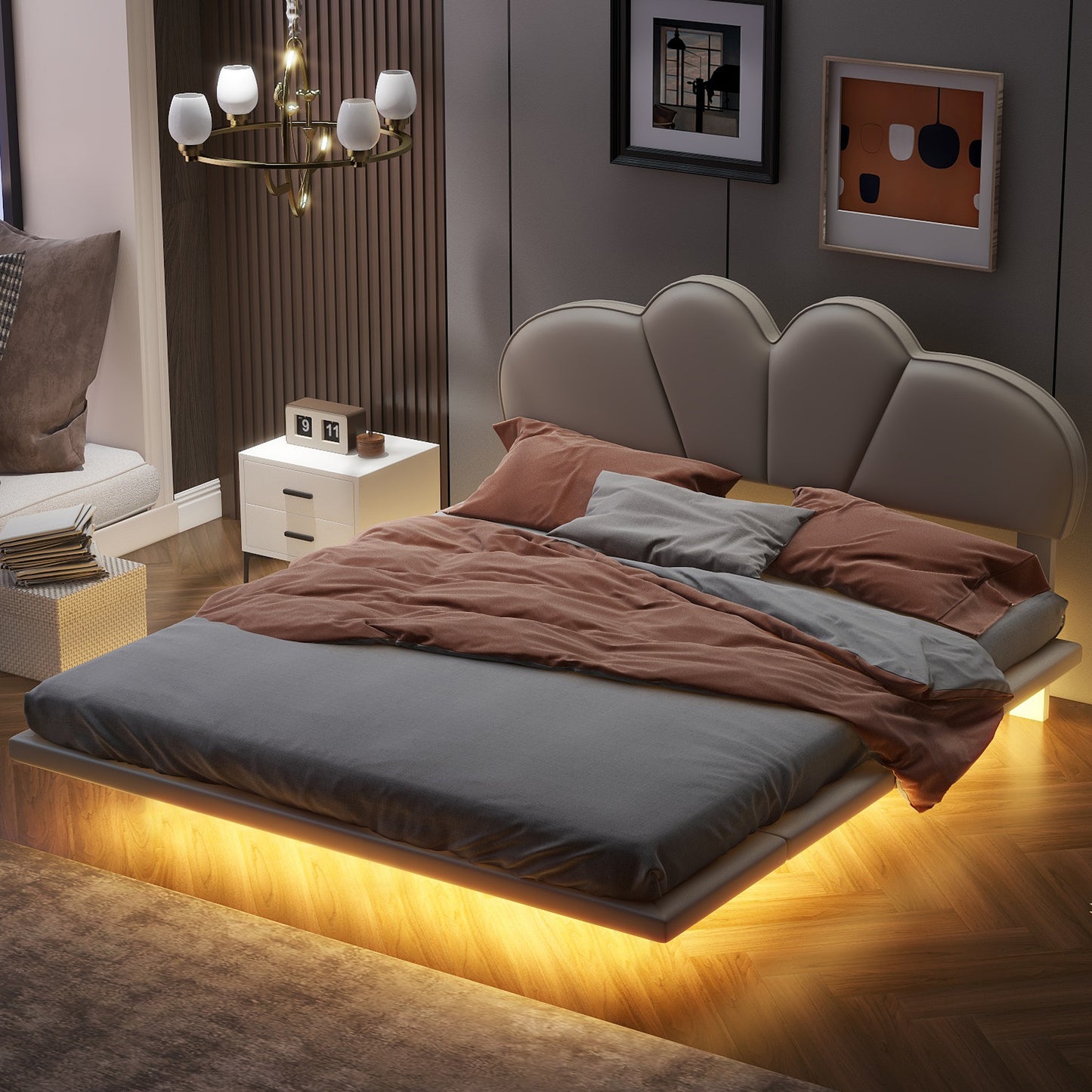 Floating Bed Frame, Full Size Platform Bed Frame with LED Ambient Light, Modern PU Leather Upholstery Headboard and Support Legs, Bedroom Furniture, No Box Spring Needed, Easy Assembly, Beige