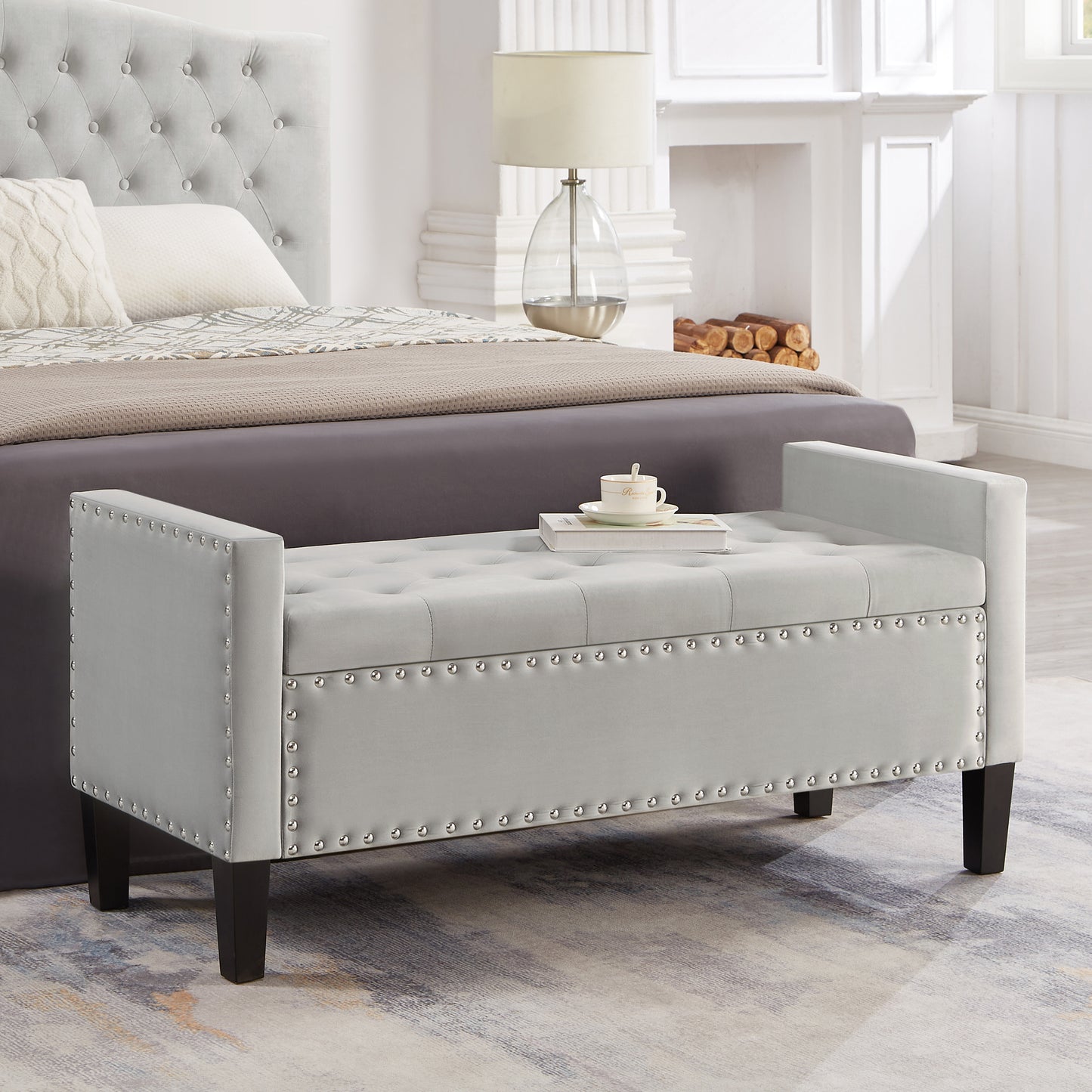 Velvet Storage Bench, Upholstered Tufted Button Storage Ottoman with Nails Trim, Modern End of Bed Seat with Armrest for Living Room, Bedroom, Entryway