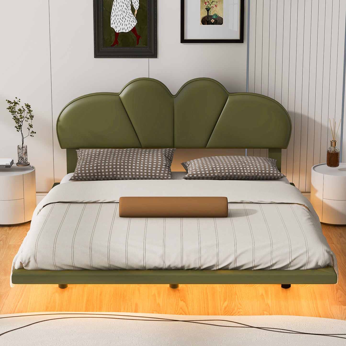 Floating Bed Frame, Full Size Platform Bed Frame with LED Ambient Light, Modern PU Leather Upholstery Headboard and Support Legs, Bedroom Furniture, No Box Spring Needed, Easy Assembly, Beige