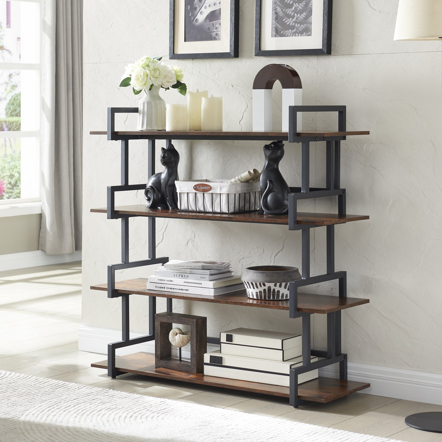 4 Tier Office Bookshelf, Wood Open Display Shelves with Metal Frame, Industrial Corner Bookshelf for Home Office, Living Room, Brown