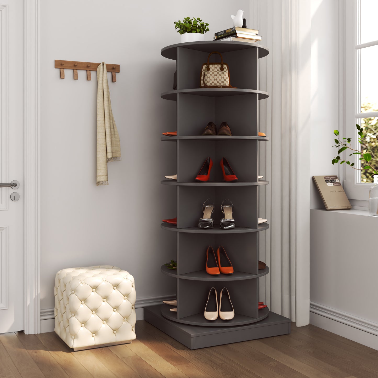 7-Layer Rotating Shoe Cabinet, Modern Tall Shoe Rack with Open Storage Space Hold over 28 Paris shoes, Freestanding 360 Rotating Shoe Rack Tower, Round ShoeRack for Home, Gray