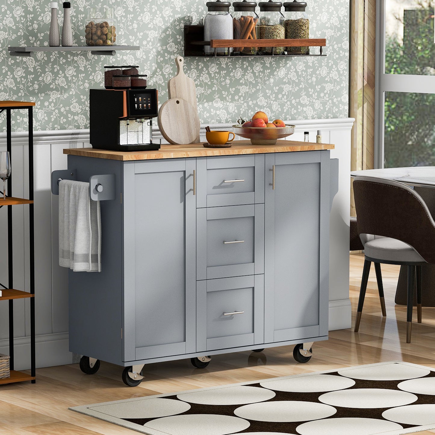Rolling Kitchen Island With Storage, Modern Kitchen Island on Wheels with Rubber Wood Top, Freestanding Kitchen Island Cart for Kitchen Room, Dining Room, White