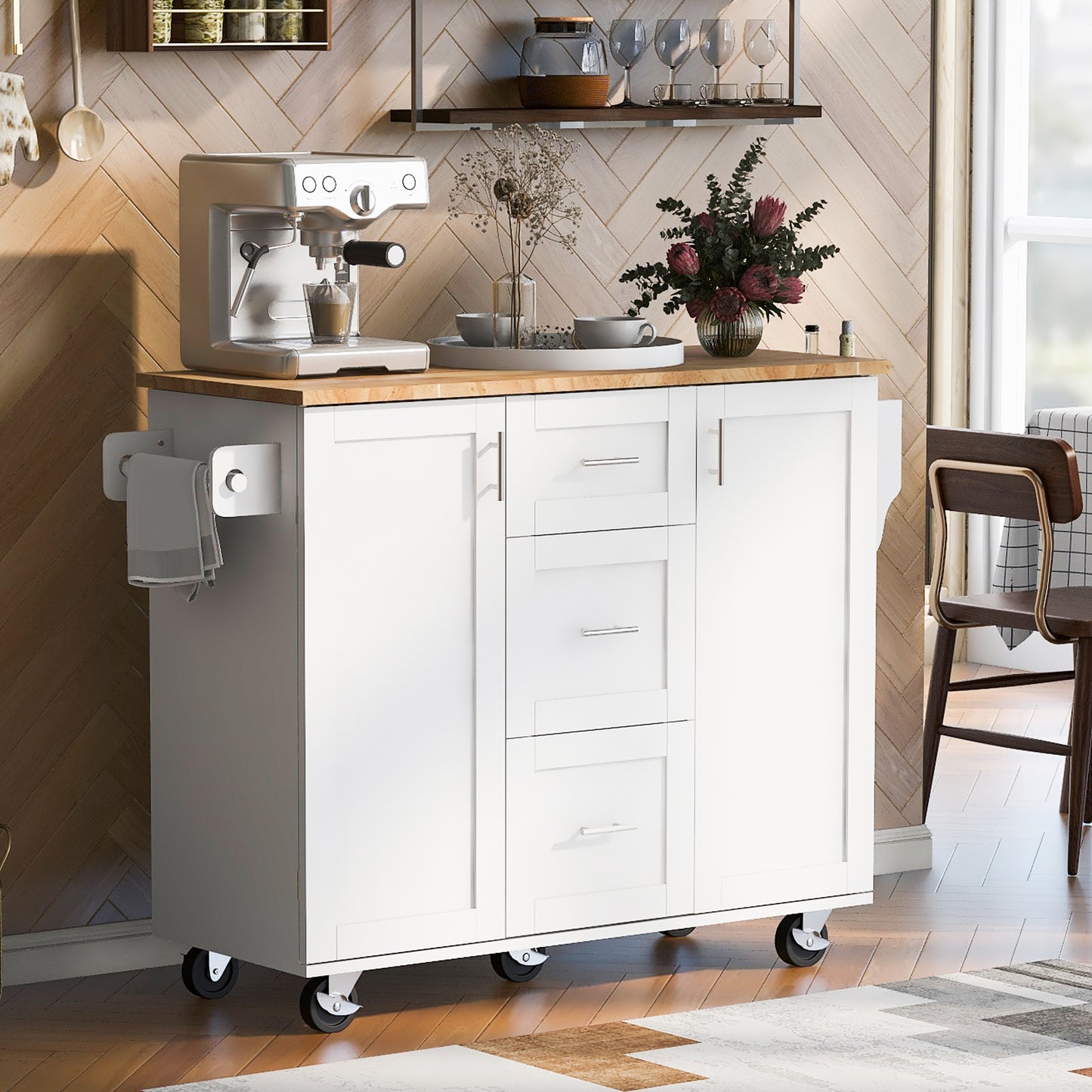 Rolling Kitchen Island With Storage, Modern Kitchen Island on Wheels with Rubber Wood Top, Freestanding Kitchen Island Cart for Kitchen Room, Dining Room, White