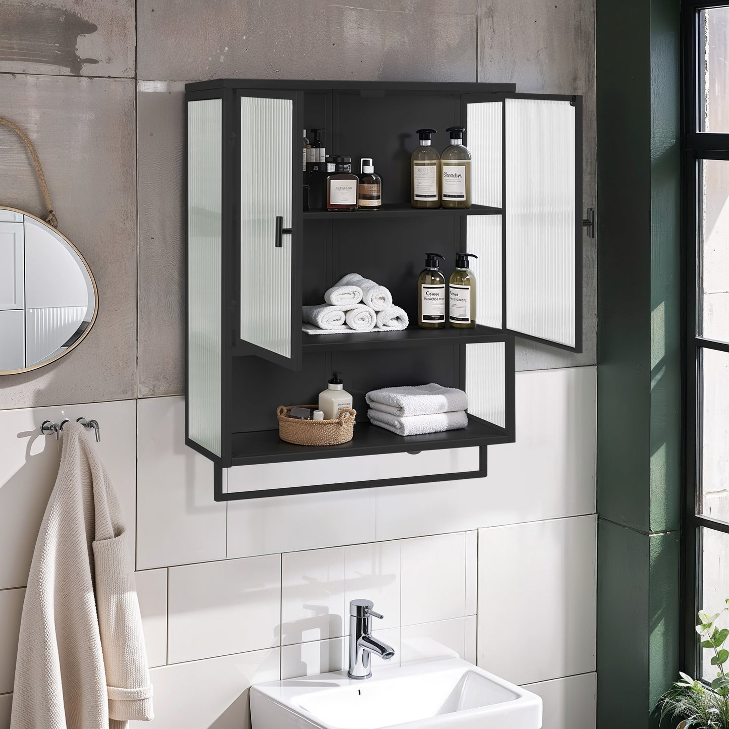 SESSLIFE 30" Spacious Wall Cabinet with Open Shelf and Towel Rack, 2-Door Storage with Fluted Glass, Large Capacity Wall Mounted Cabinet for Bathroom and Kitchen, White