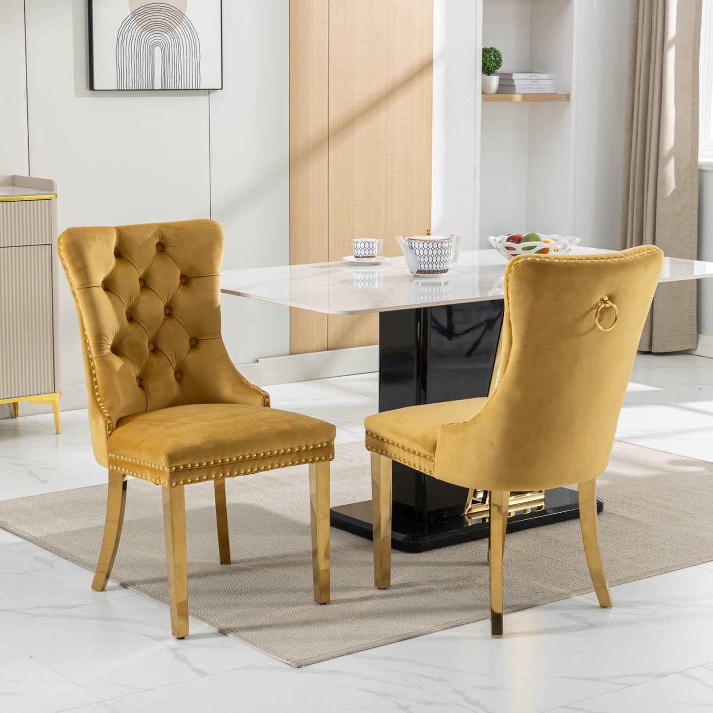 Upholstered Dining Chairs, Modern Velvet Chairs with Golden Stainless Steel Plating Legs, Tufted Solid Wood Kitchen Chairs Set of 2 with Nailhead Trim and Back Ring, Beige