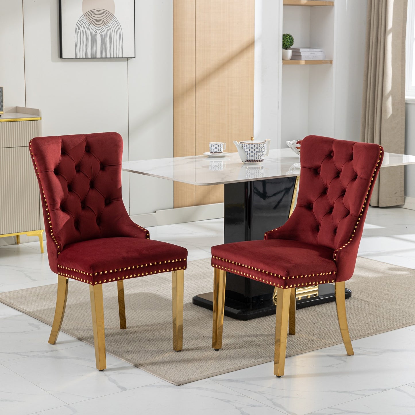 Upholstered Dining Chairs, Modern Velvet Chairs with Golden Stainless Steel Plating Legs, Tufted Solid Wood Kitchen Chairs Set of 2 with Nailhead Trim and Back Ring, Beige