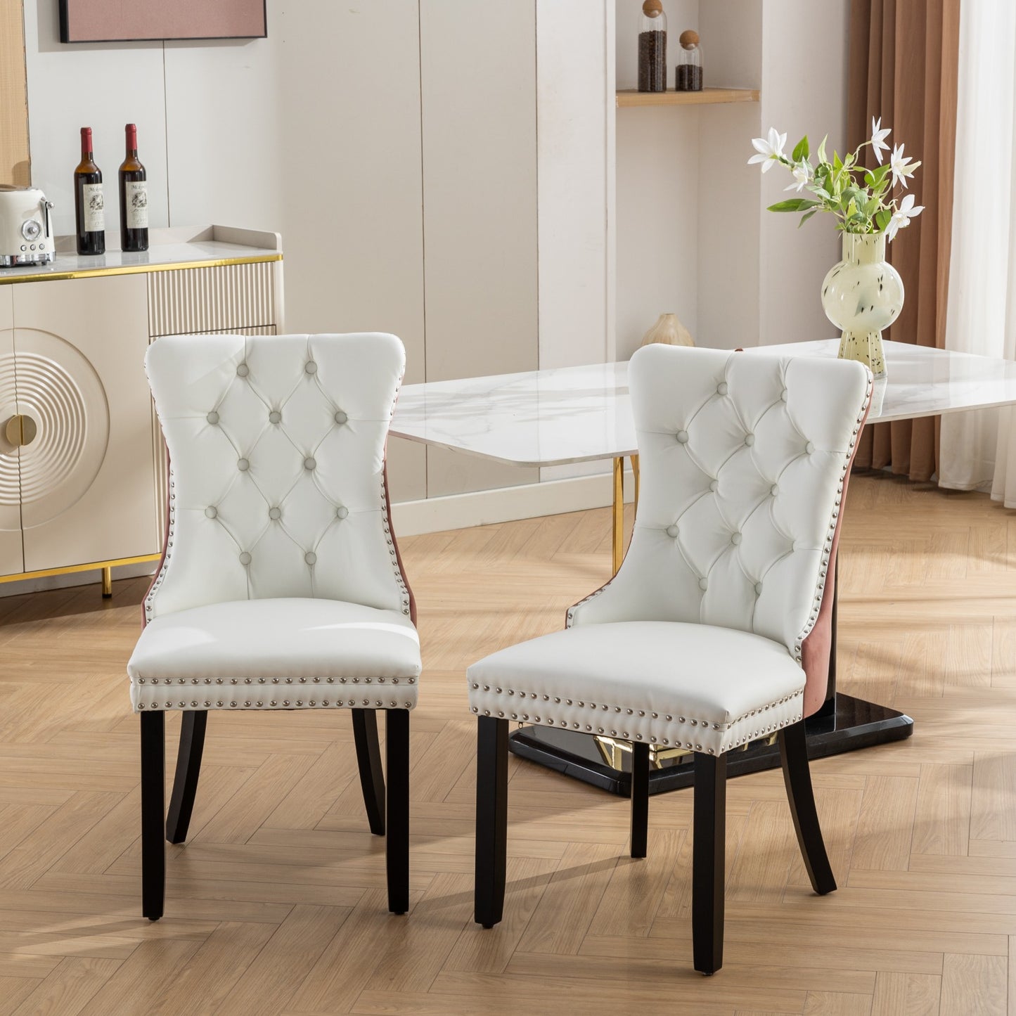 Dining Chairs, Modern Wood and PU Dining Chairs Set of 2 with Back Ring and Nailhead Trim, Upholstered Tufted Velvet Chair with Wood Legs for Dining Room, Kitchen