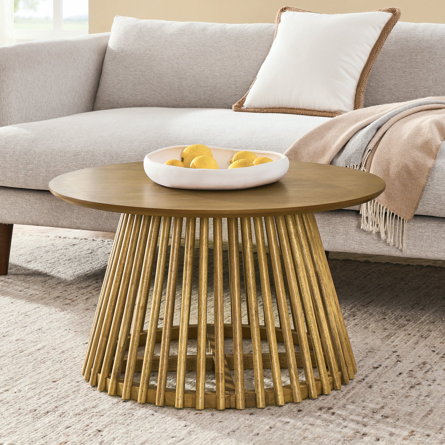 Round Coffee Table, Solid Wood Center Table, Modern Side Table for Living Room, Home Office, Brown/Yellow