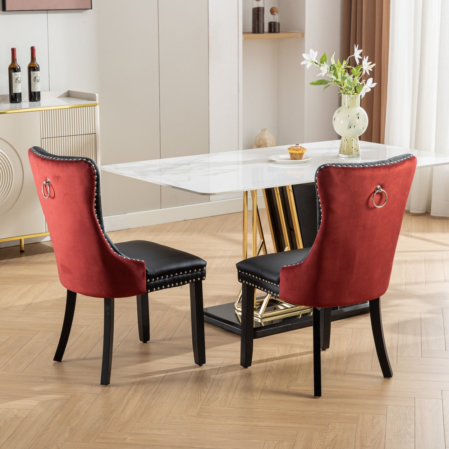 Dining Chairs, Modern Wood and PU Dining Chairs Set of 2 with Back Ring and Nailhead Trim, Upholstered Tufted Velvet Chair with Wood Legs for Dining Room, Kitchen