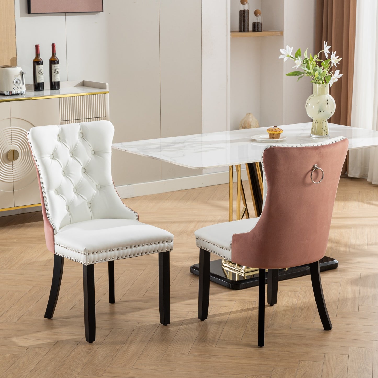 SESSLIFE Tufted Dining Chairs Set of 2, High Back PU Leather Side Chairs with Nailhead Trim and Solid Wood Legs, White and Black