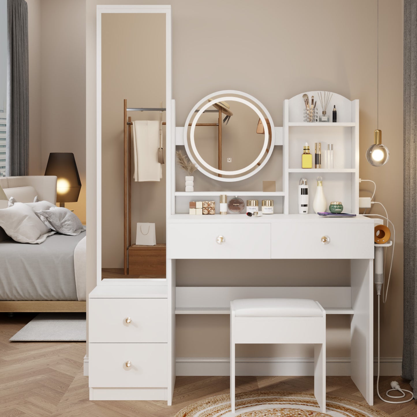 Black Makeup Vanity Table Set, Modern Makeup Vanity with Full Body Mirror Cabinet, Power Station and Stool, Wood Vanity LED Mirror with 3-Color Light and Drawers for Bedroom