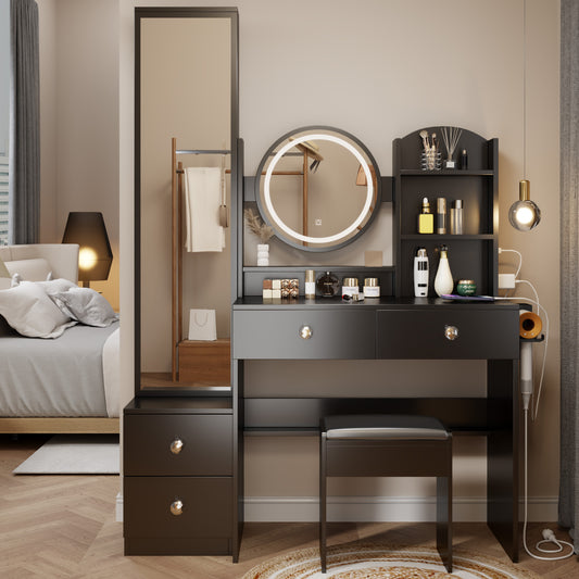 Black Makeup Vanity Table Set, Modern Makeup Vanity with Full Body Mirror Cabinet, Power Station and Stool, Wood Vanity LED Mirror with 3-Color Light and Drawers for Bedroom