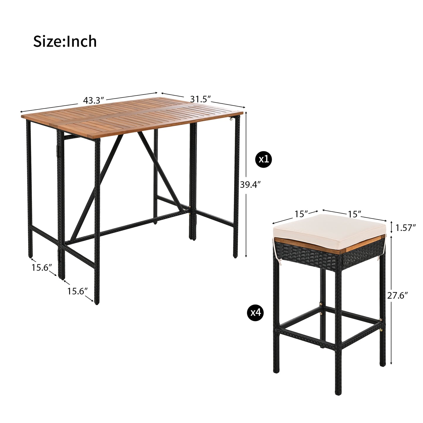 Sesslife 5 Piece Patio Bar Table and Stools, All Weather Wicker Outdoor Furniture Dining Set with 4 Stools, Patio Seating Sets for Backyards, Porches, Lawn