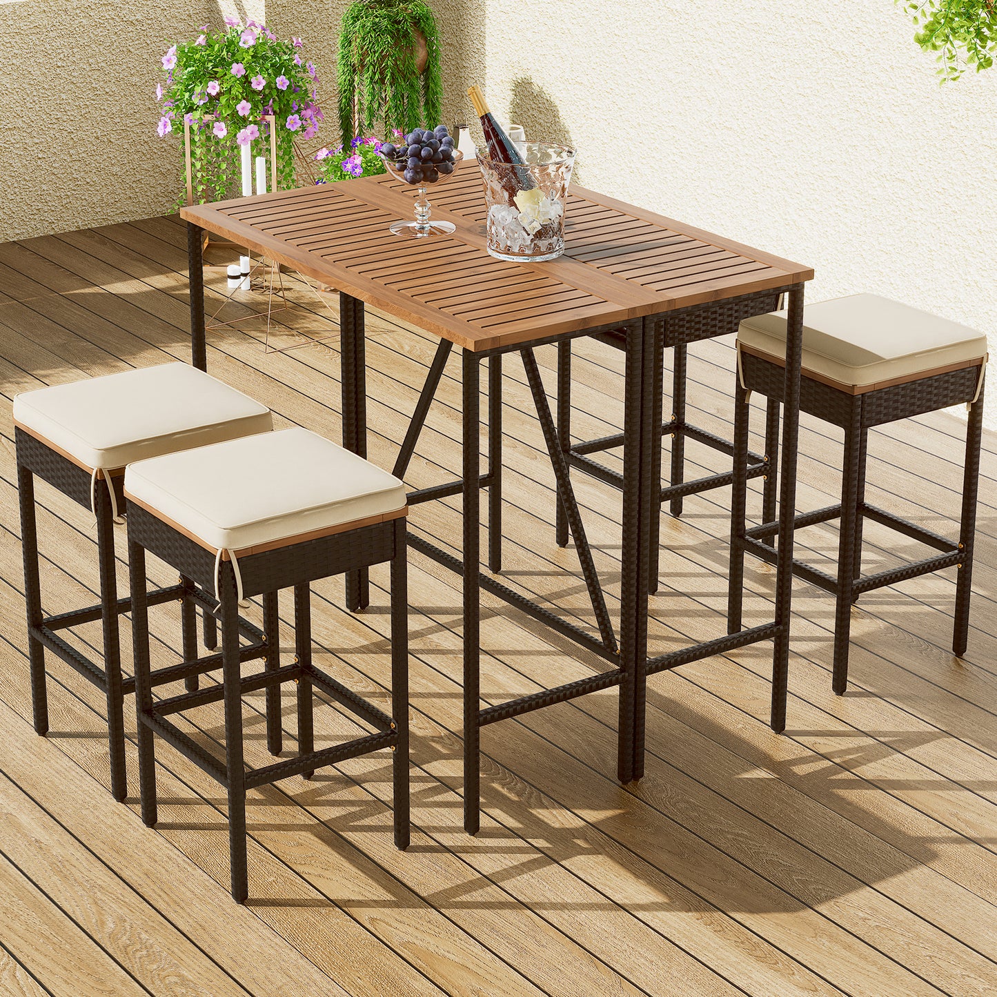 Sesslife 5 Piece Patio Bar Table and Stools, All Weather Wicker Outdoor Furniture Dining Set with 4 Stools, Patio Seating Sets for Backyards, Porches, Lawn