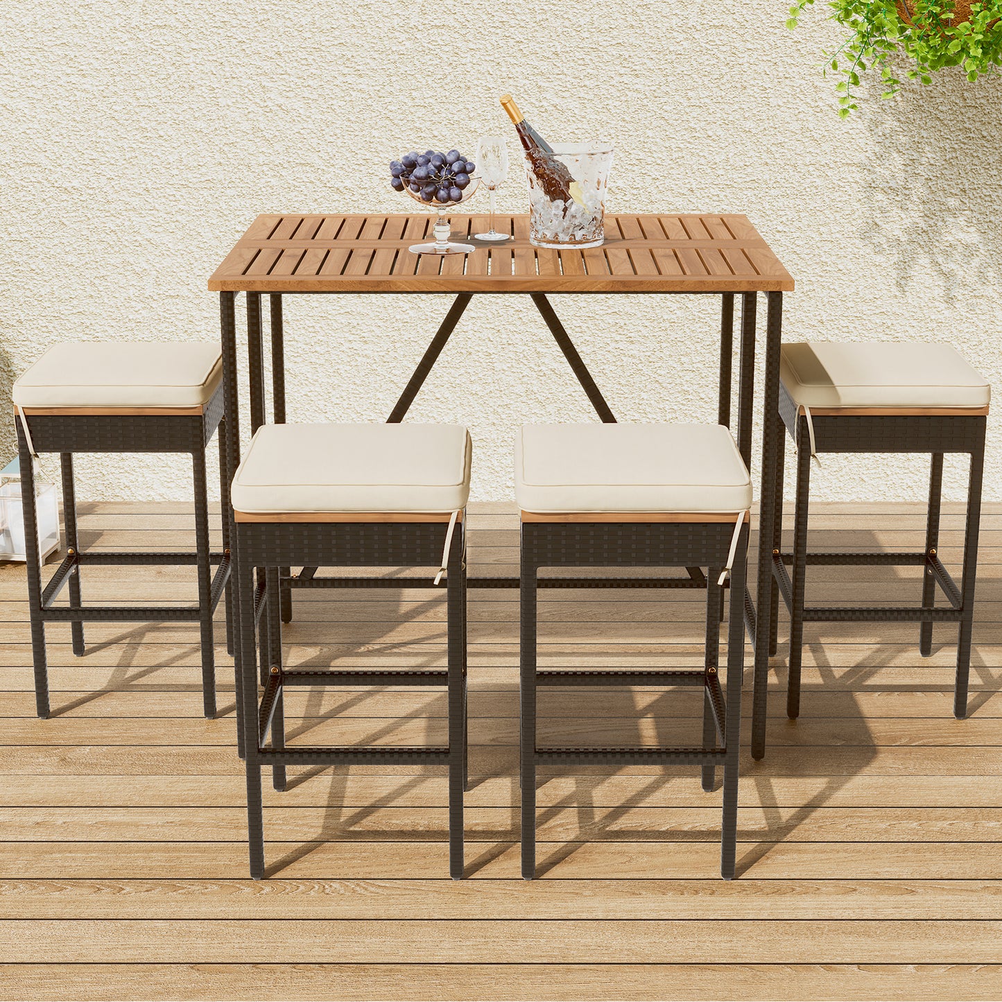 Sesslife 5 Piece Patio Bar Table and Stools, All Weather Wicker Outdoor Furniture Dining Set with 4 Stools, Patio Seating Sets for Backyards, Porches, Lawn