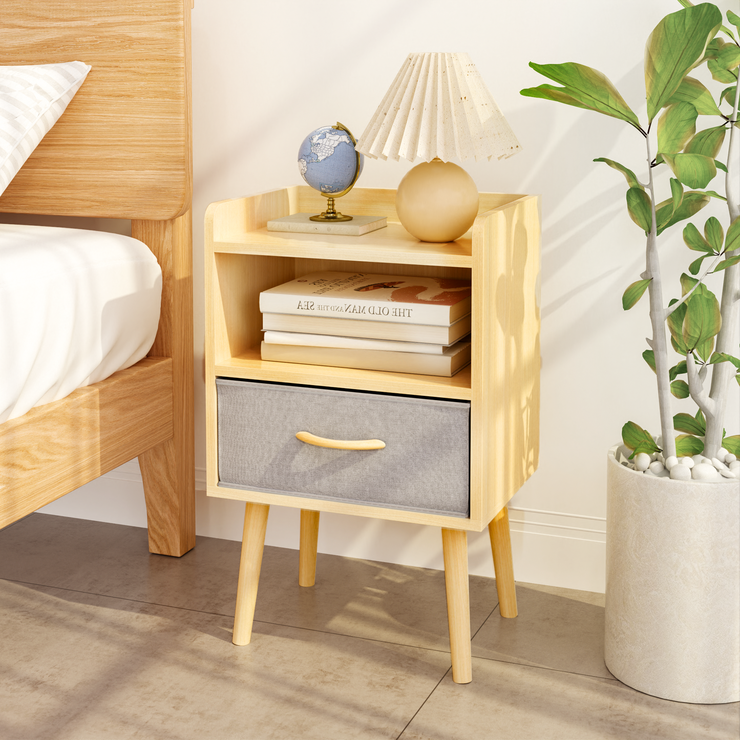 Oak Nightstand, Wood 2-Tier Storage End Table with Collapsible Fabric Drawer, Modern Side Table for Bedroom, Living Room