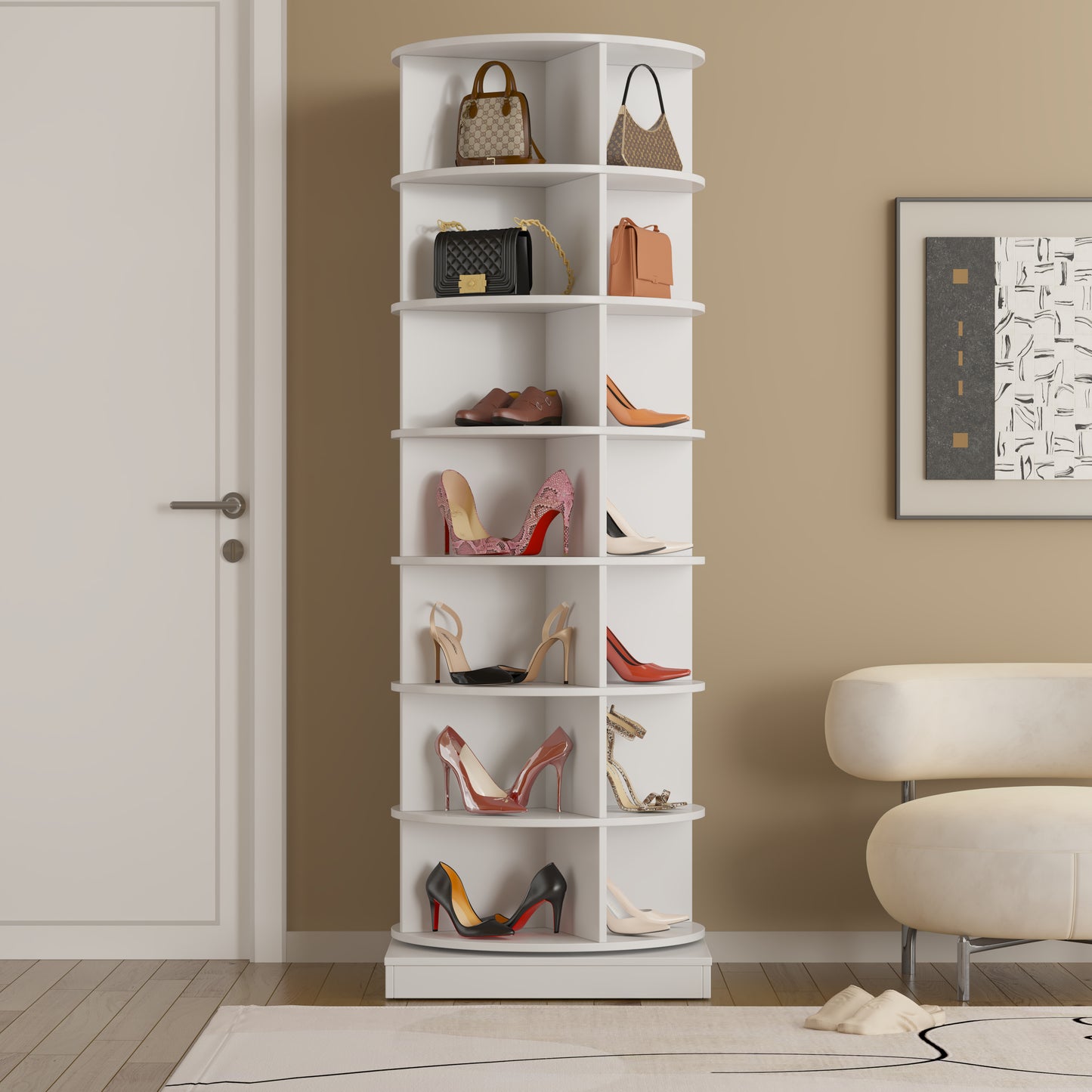 7-Layer Rotating Shoe Cabinet, Modern Tall Shoe Rack with Open Storage Space Hold over 28 Paris shoes, Freestanding 360 Rotating Shoe Rack Tower, Round ShoeRack for Home, Gray