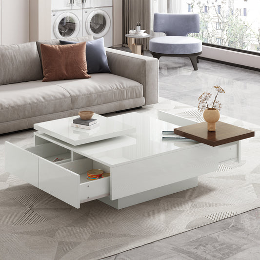 Square Coffee Table, Modern High Gloss Coffee Table with Storage, Wood Cocktail Table with 4 Drawers and Grain Legs, 2-Tier Coffee Table for Living Room, White