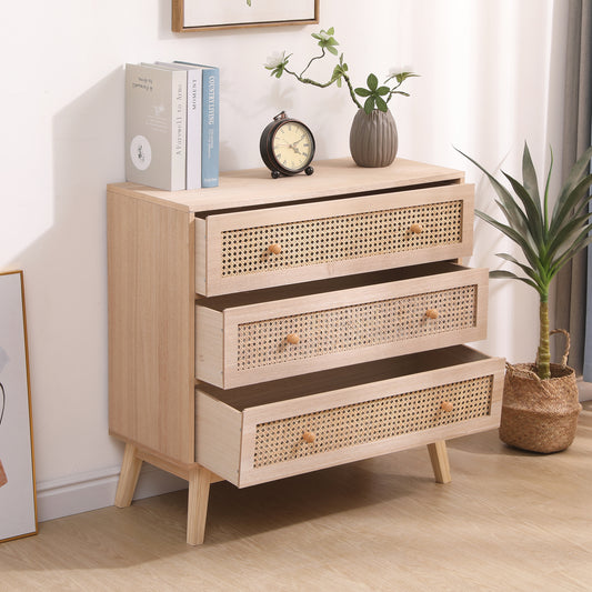 3 Drawer Dresser, Rattan Chest of Drawers with Wood Legs, Farmhouse Storage Dresser for Bedroom, Living Room, Natural