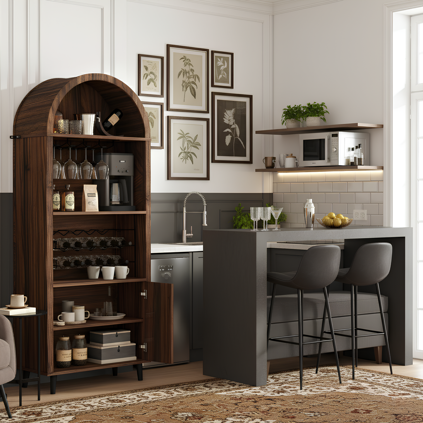 SESSLIFE 71 Inch Pantry Cabinet with Wine Rack and Glass Holder, Arched Black Design for Coffee Bar and Whiskey Corner, Freestanding Storage for Dining Room, Brown Oak