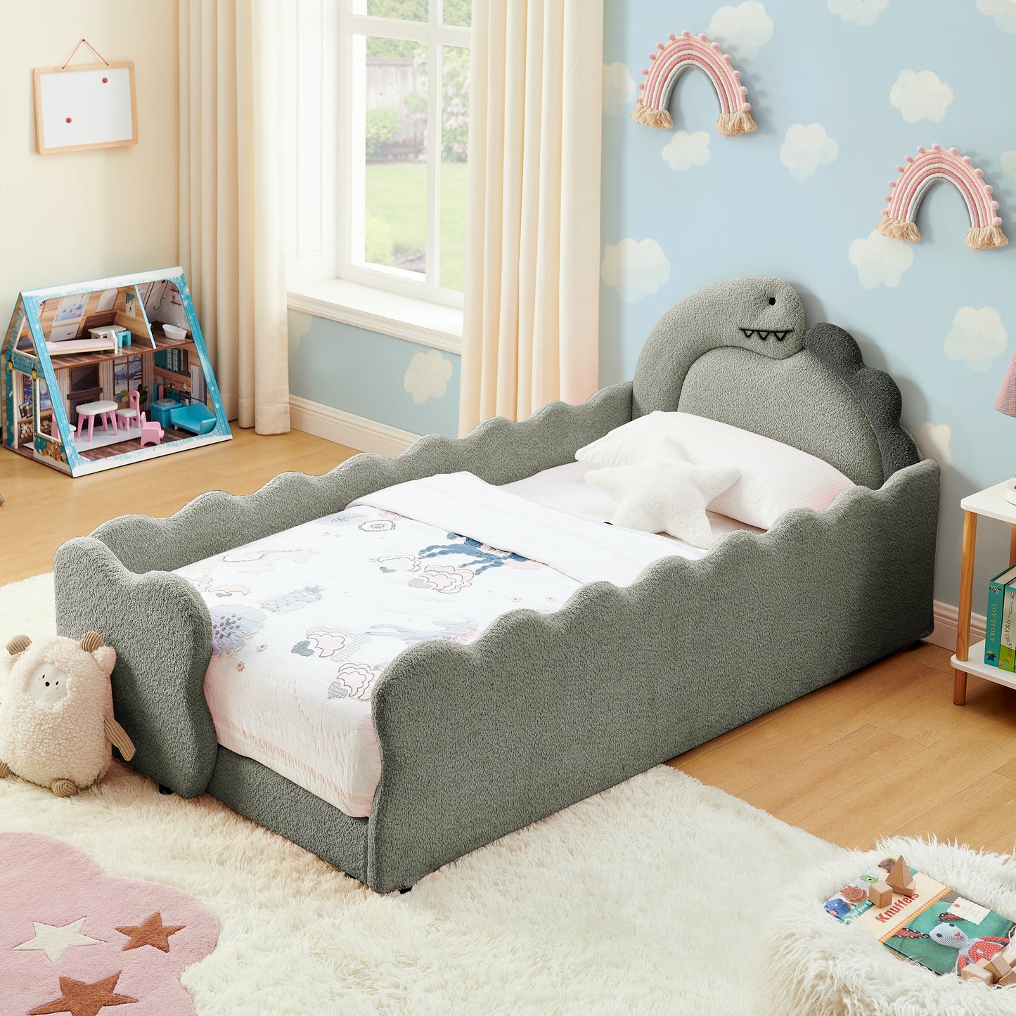 Sesslife Twin Size Floor Bed with Fence, Upholstered Twin Size Platform Bed with Cute Dinosaur Shaped Headboard for Boys Girls, Wood Twin Bed Frame with Safety Guardrail and Salts for Age 3-7