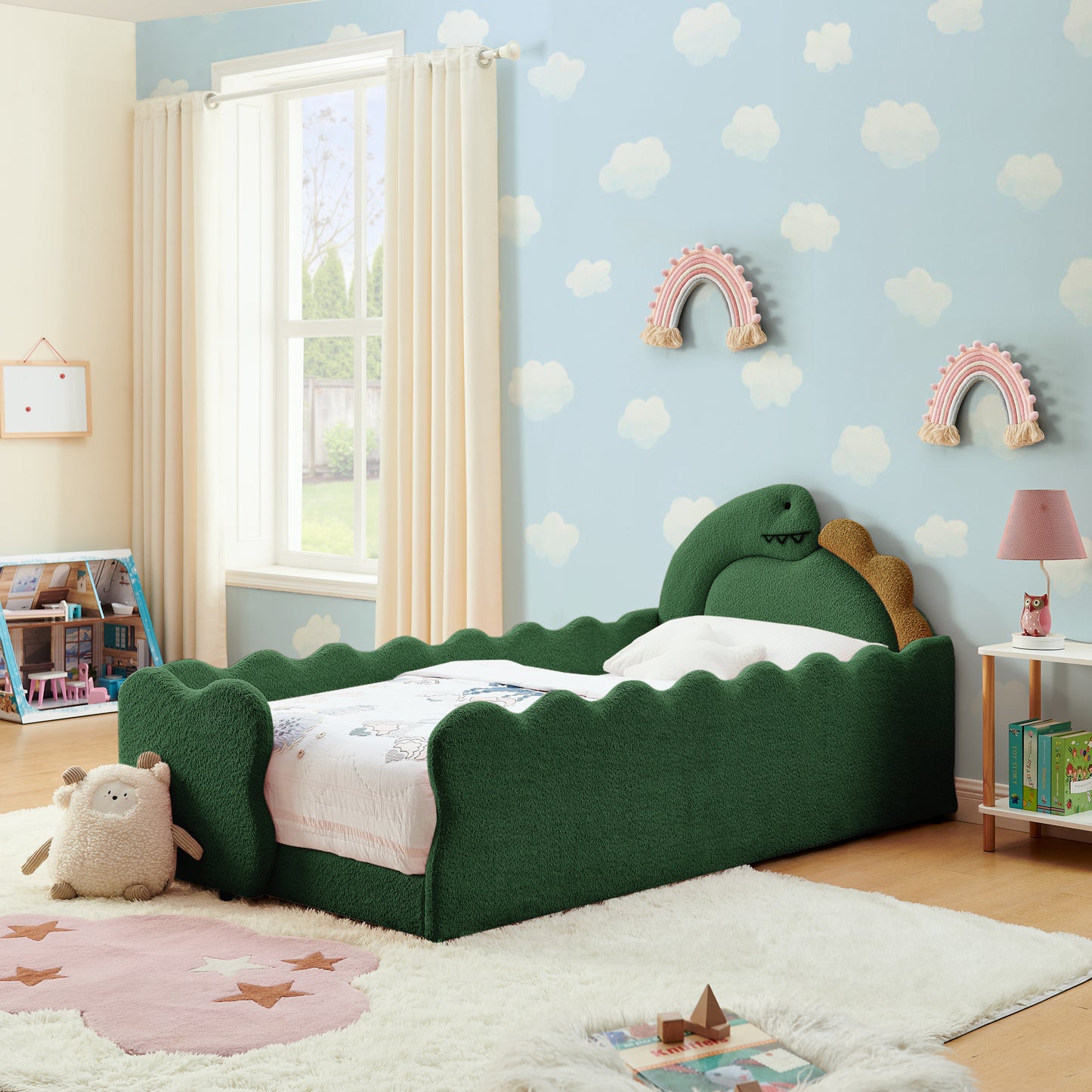 Sesslife Twin Size Floor Bed with Fence, Upholstered Twin Size Platform Bed with Cute Dinosaur Shaped Headboard for Boys Girls, Wood Twin Bed Frame with Safety Guardrail and Salts for Age 3-7