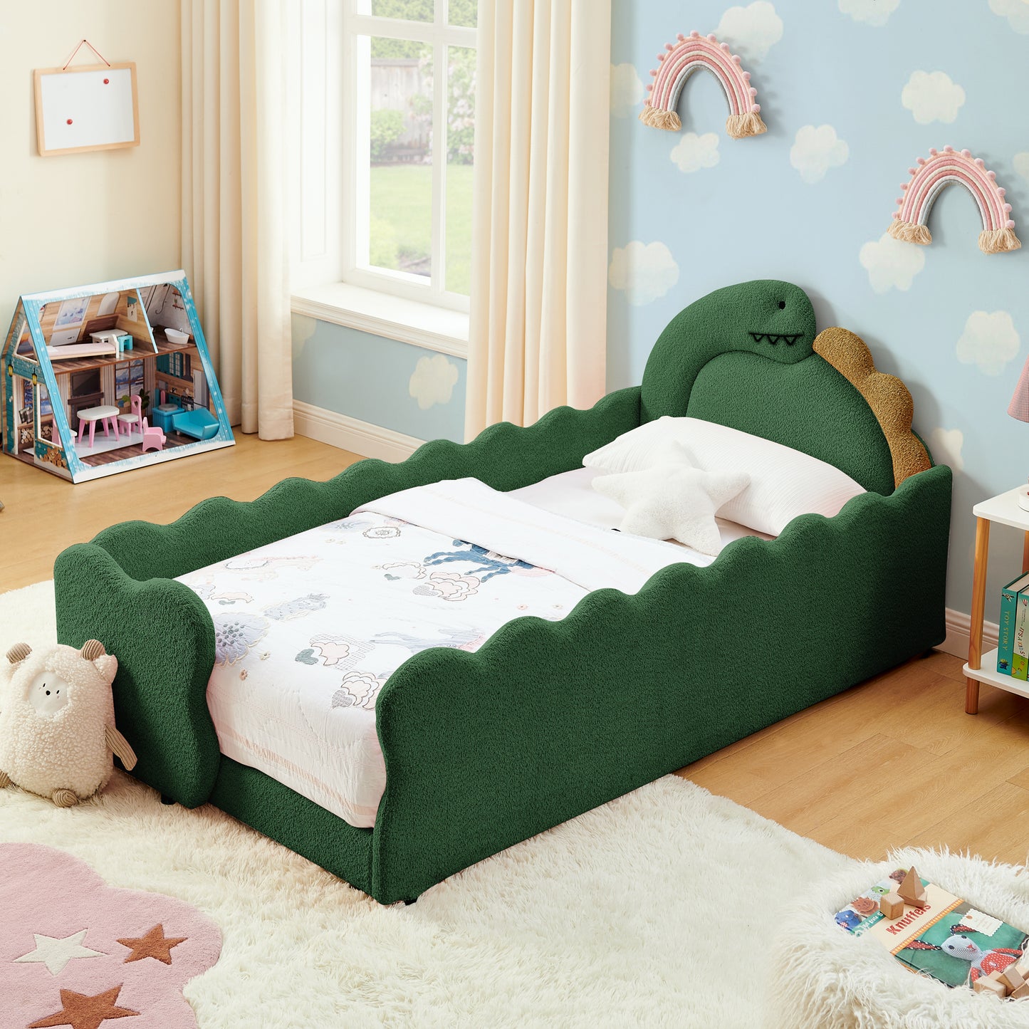 Sesslife Twin Size Floor Bed with Fence, Upholstered Twin Size Platform Bed with Cute Dinosaur Shaped Headboard for Boys Girls, Wood Twin Bed Frame with Safety Guardrail and Salts for Age 3-7