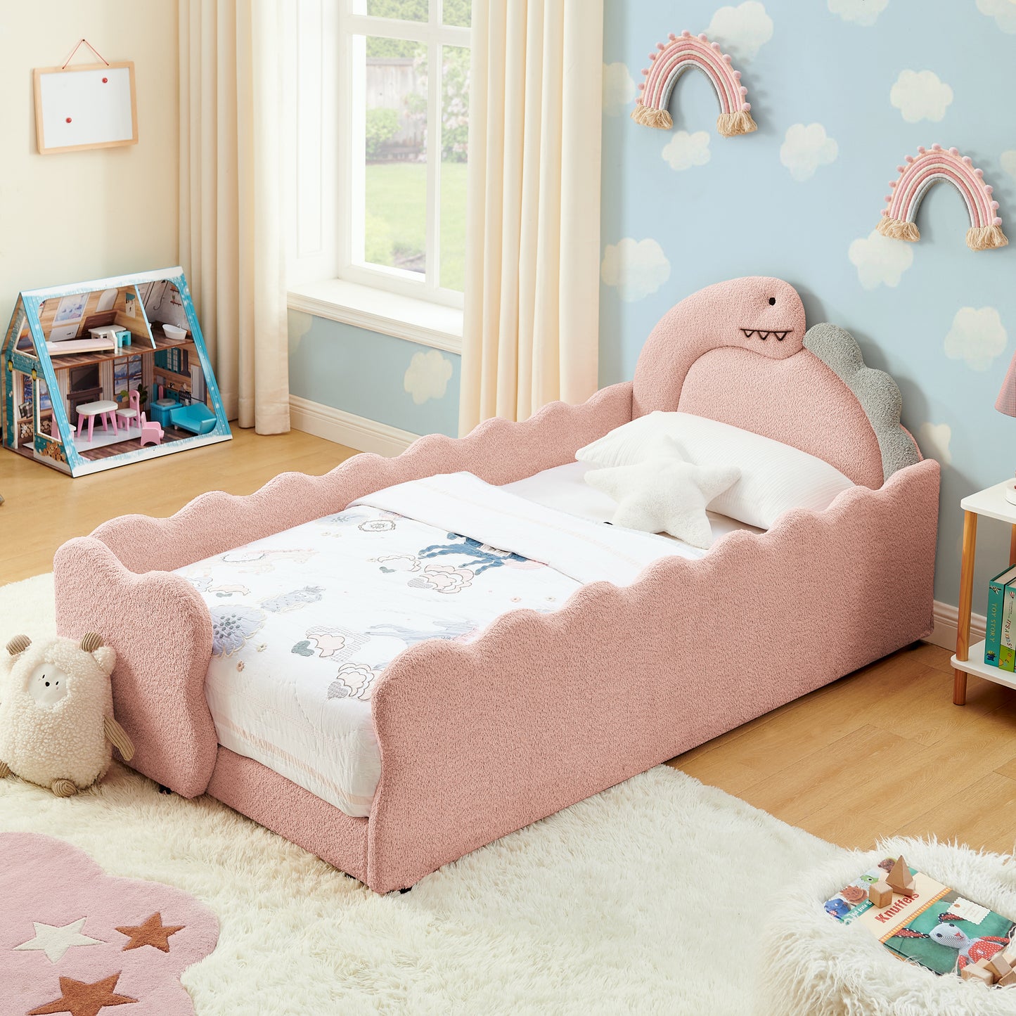Sesslife Twin Size Floor Bed with Fence, Upholstered Twin Size Platform Bed with Cute Dinosaur Shaped Headboard for Boys Girls, Wood Twin Bed Frame with Safety Guardrail and Salts for Age 3-7