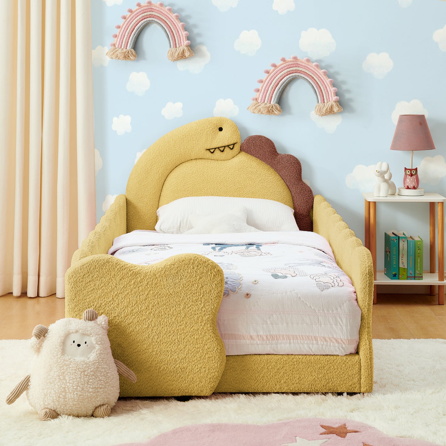 Sesslife Twin Size Floor Bed with Fence, Upholstered Twin Size Platform Bed with Cute Dinosaur Shaped Headboard for Boys Girls, Wood Twin Bed Frame with Safety Guardrail and Salts for Age 3-7