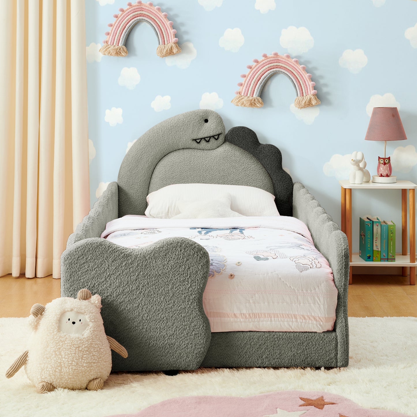 Sesslife Twin Size Floor Bed with Fence, Upholstered Twin Size Platform Bed with Cute Dinosaur Shaped Headboard for Boys Girls, Wood Twin Bed Frame with Safety Guardrail and Salts for Age 3-7