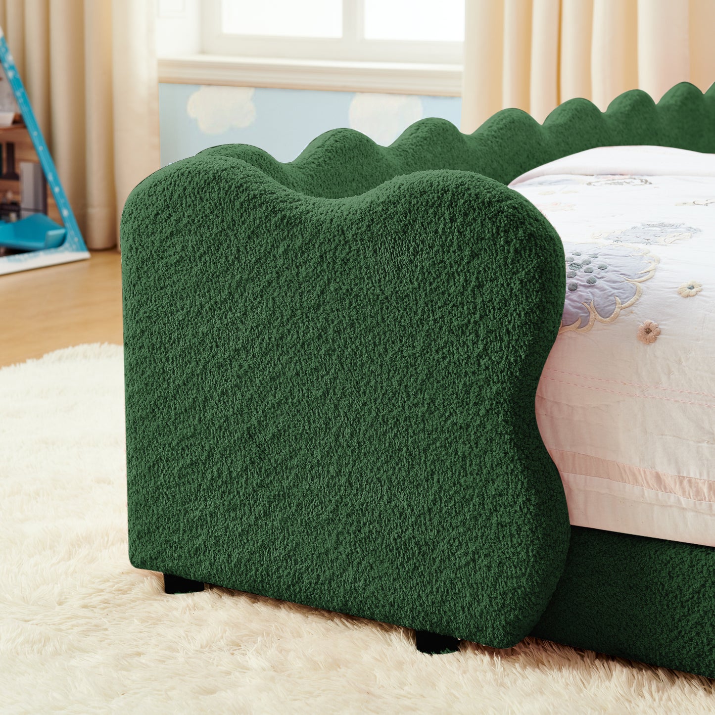 Sesslife Twin Size Floor Bed with Fence, Upholstered Twin Size Platform Bed with Cute Dinosaur Shaped Headboard for Boys Girls, Wood Twin Bed Frame with Safety Guardrail and Salts for Age 3-7