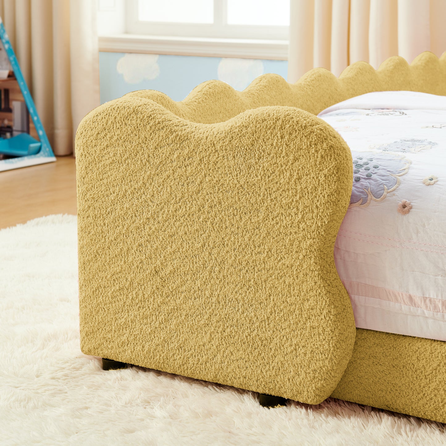 Sesslife Twin Size Floor Bed with Fence, Upholstered Twin Size Platform Bed with Cute Dinosaur Shaped Headboard for Boys Girls, Wood Twin Bed Frame with Safety Guardrail and Salts for Age 3-7