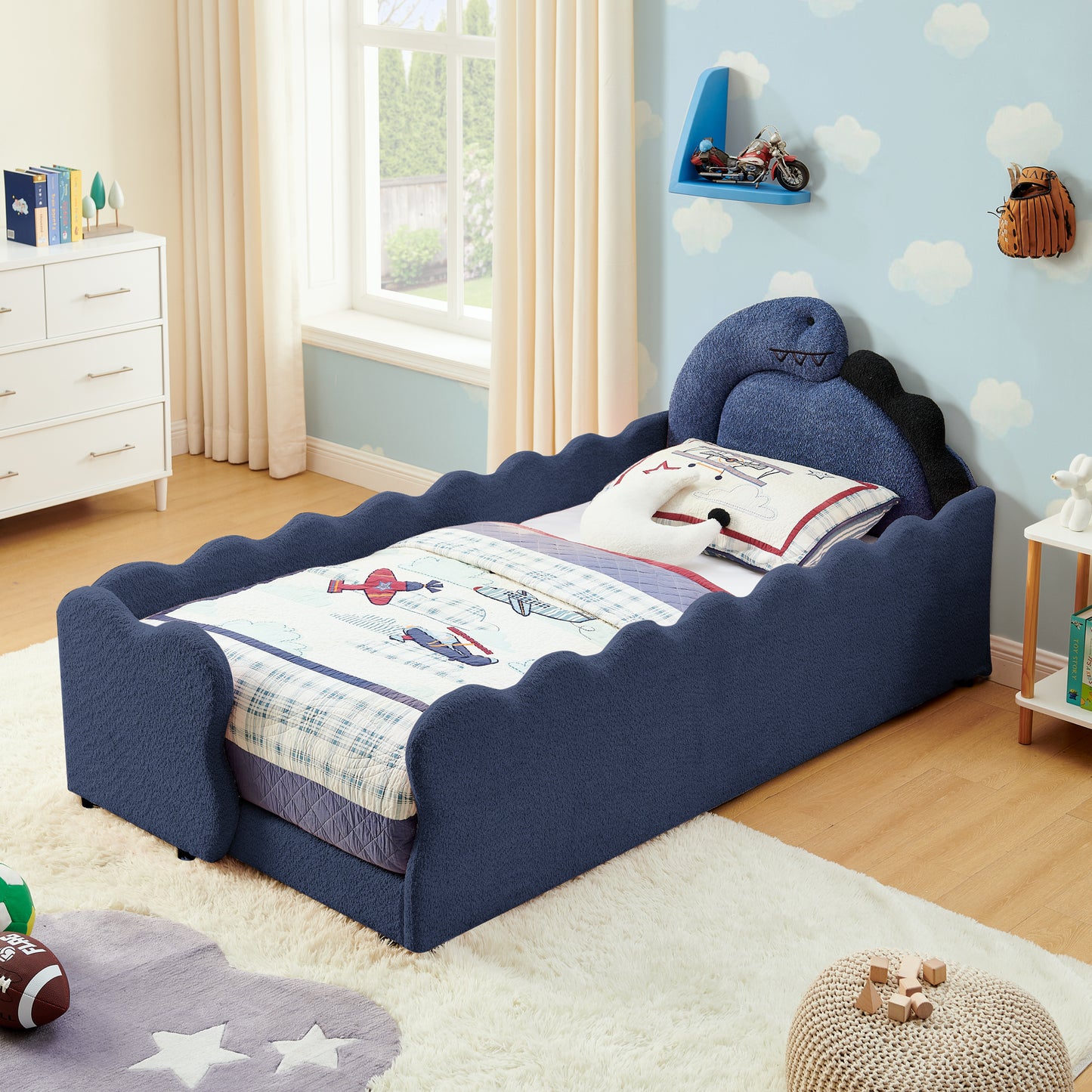 Sesslife Twin Size Floor Bed with Fence, Upholstered Twin Size Platform Bed with Cute Dinosaur Shaped Headboard for Boys Girls, Wood Twin Bed Frame with Safety Guardrail and Salts for Age 3-7