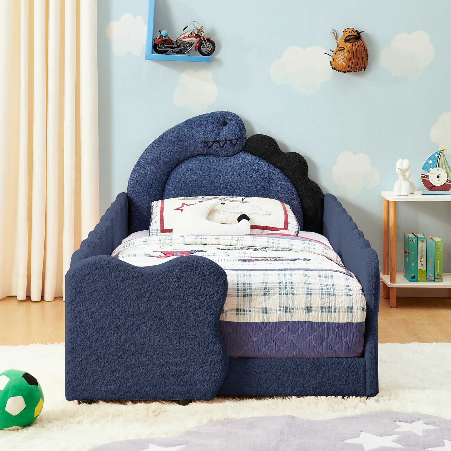 Sesslife Twin Size Floor Bed with Fence, Upholstered Twin Size Platform Bed with Cute Dinosaur Shaped Headboard for Boys Girls, Wood Twin Bed Frame with Safety Guardrail and Salts for Age 3-7