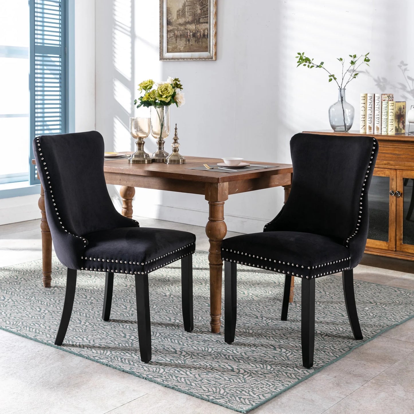 PORKISS Upholstered Dining Chairs Set of 2, Armless Side Chairs with Backstitching Nailhead Trim and Solid Wood Legs, Modern Velvet High Back Chairs, Golden