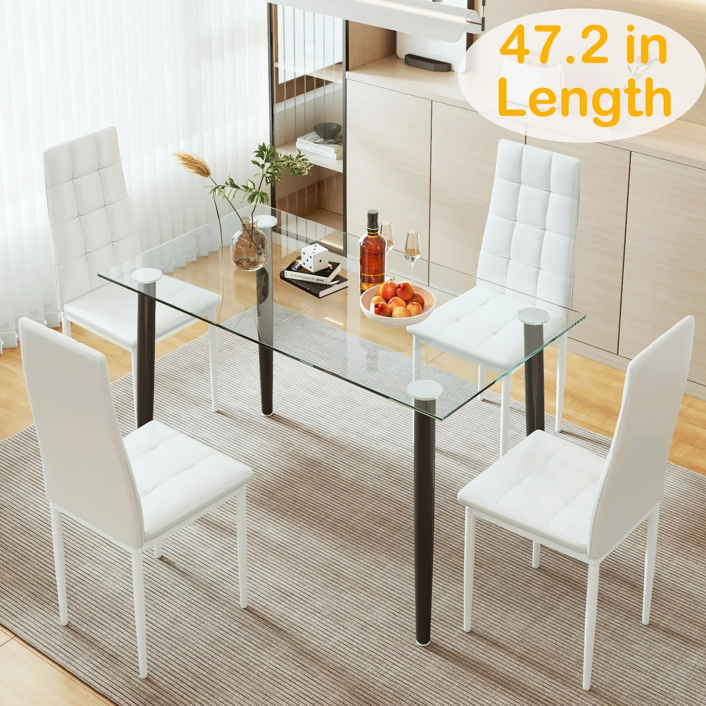 PORKISS Dining Table Set for 4, 5 Piece Glass Dining Room Set with 4 Upholstered Chairs, 47in Length Rectangle Kitchen Table and Chairs Set for Breakfast Nook, Dining Room, White