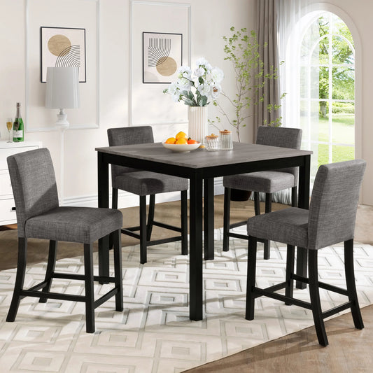 Dining Table Set for 4, Counter Height Table Set of 5 with 4 Upholstered Chairs, Solid Wood Breakfast Bar Table and Chairs Set for Home