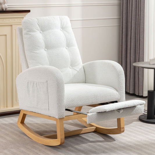 Accent Rocking Chair with Pull-Out Footrest, Particle Fleece Accent Rocker Chair with Rubber Wood Legs Side Pocket, Glider Rocker with High Backrest for Living Room Bedroom Playroom