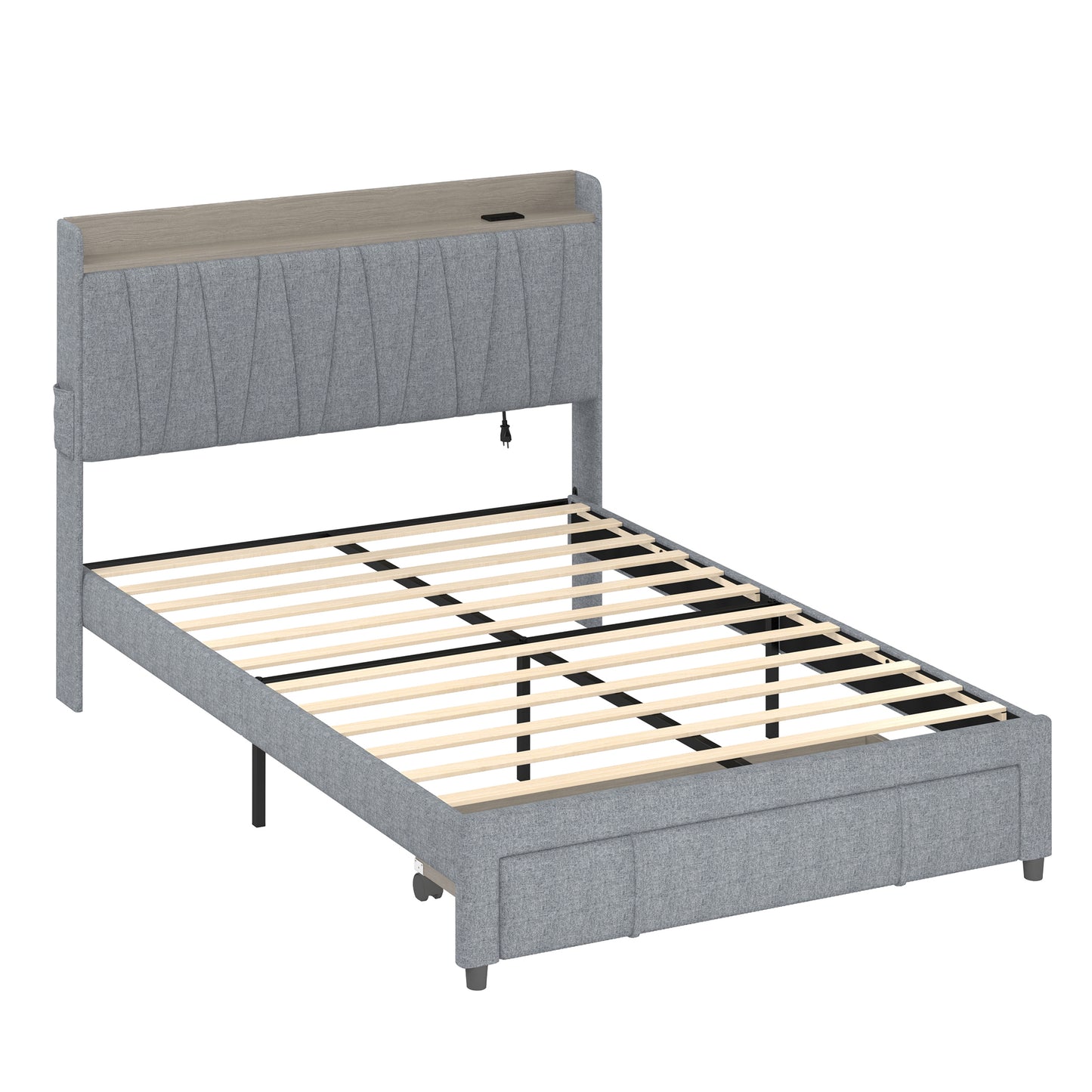 PORKISS Full Size Bed Frame with Drawers and Storage Headboard, Upholstered Bed Frame with Plug Outlets, USB, Gray