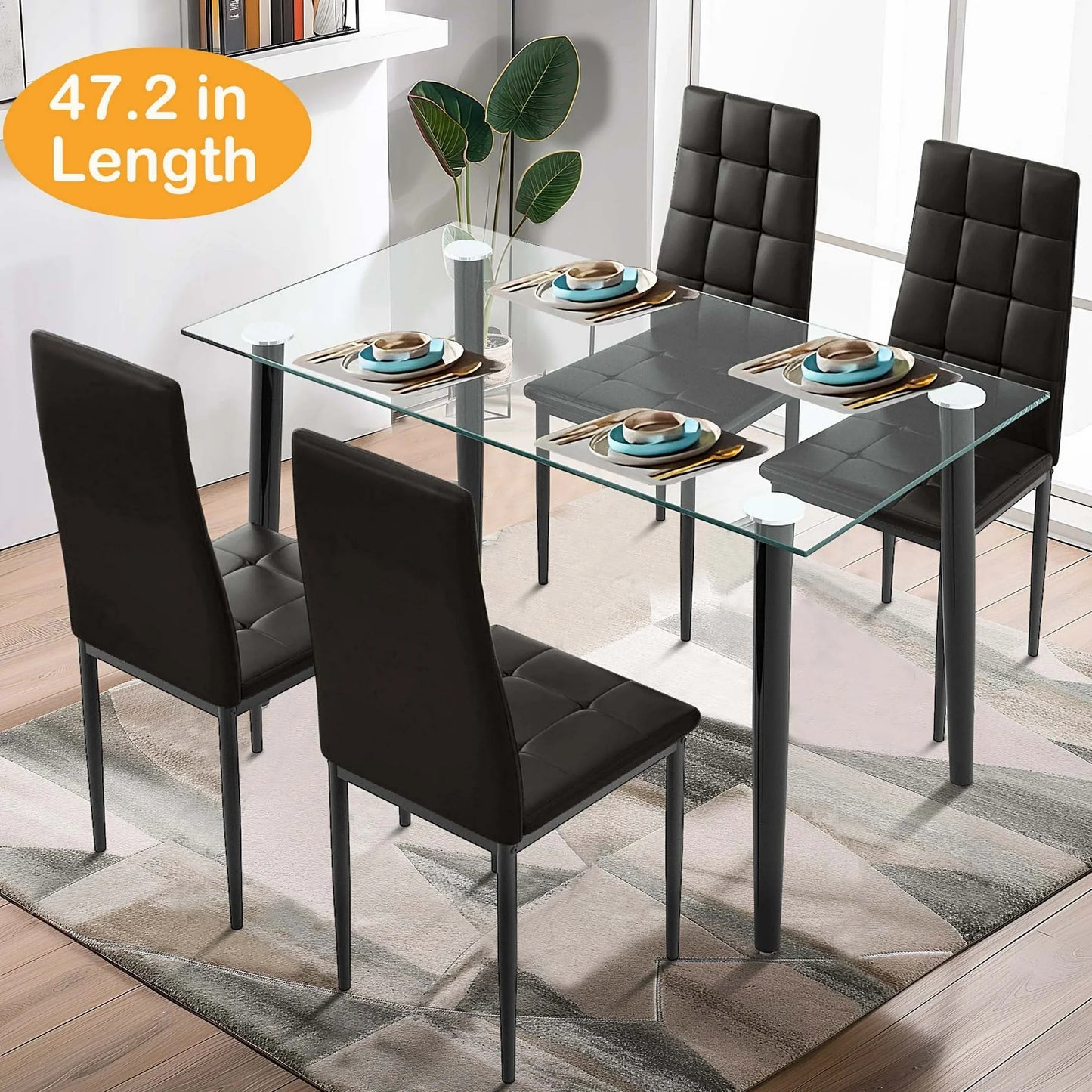 PORKISS Dining Table Set for 4, 5 Piece Glass Dining Room Set with 4 Upholstered Chairs, 47in Length Rectangle Kitchen Table and Chairs Set for Breakfast Nook, Dining Room, White