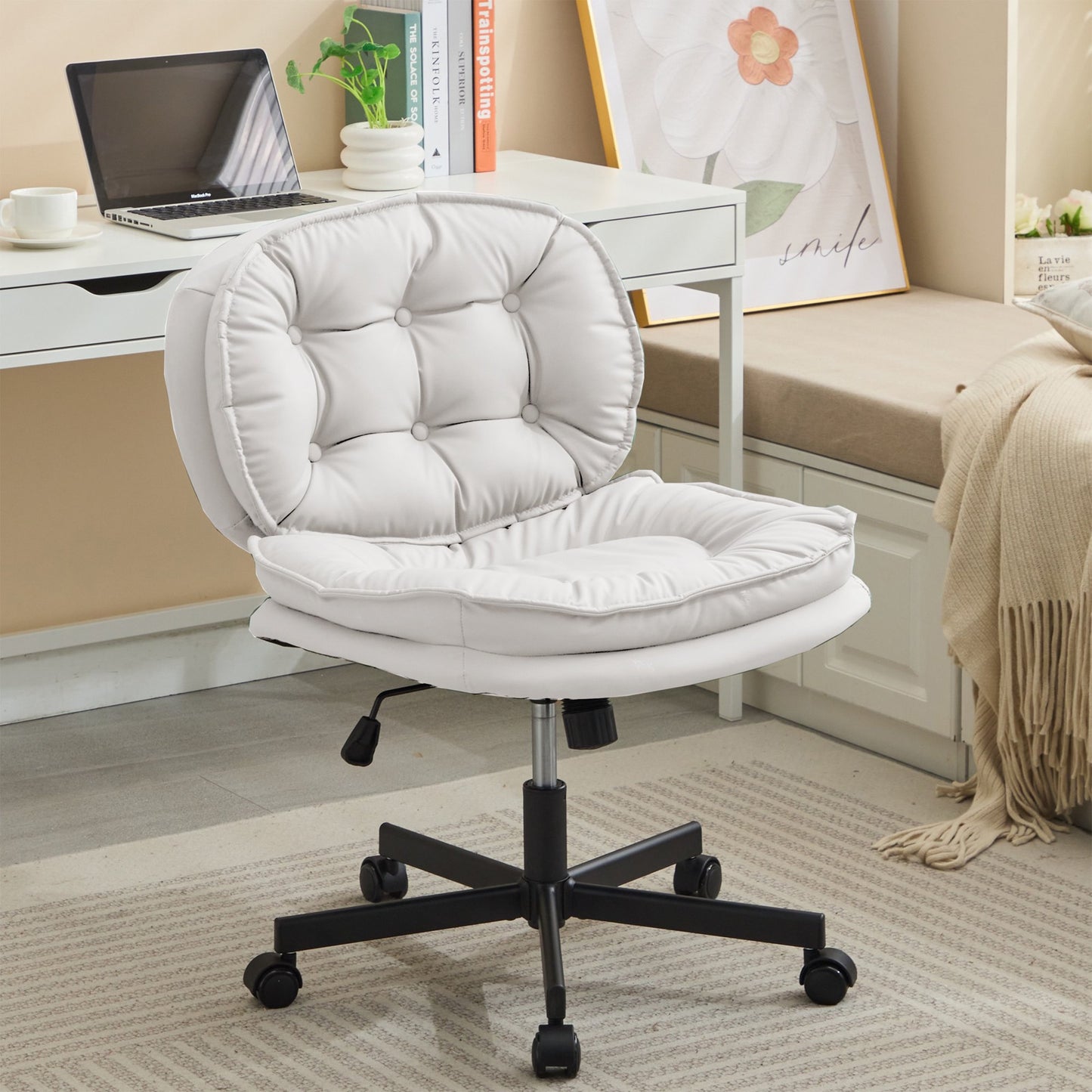 PORKISS Home Office Chair with Wheels, Ergonomic Mid Back Swivel Office Desk Chair, Computer Desk Chair for Adults Teens, White