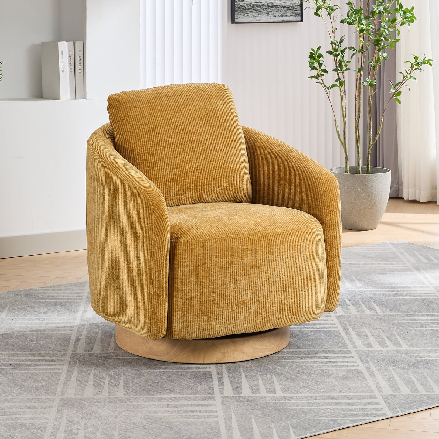 PORKISS 30.3"W Swivel Barrel Chair with Pillow, Chenille Fabric Upholstered Accent Club Armchair with Metal Swivel Ring, 360 Degree Club Chair, Single Leisure Sofa Chair, Caramel