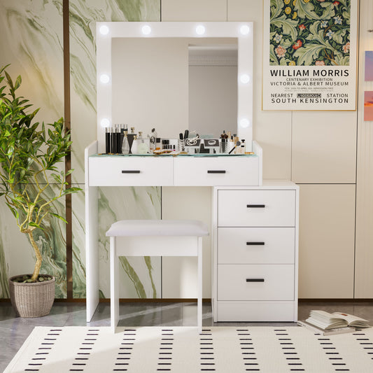 White Vanity Table Set with Mirror & Lights, Wood Modern Makeup Vanity Desk with 5 Drawers and Cushioned Stool, Modern Makeup Dressing Table for Bedroom, 3 Color Light