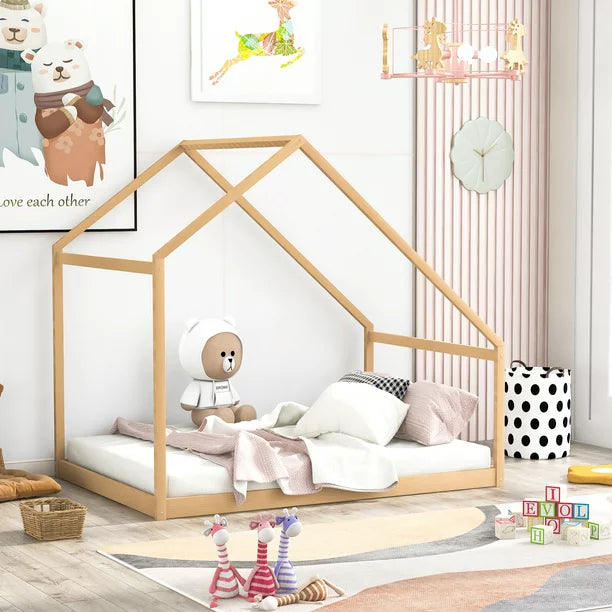 Sesslife Twin House Bed with Roof, Kids Floor House Bed Frame, Box Spring Needed, Easy Assembly, White