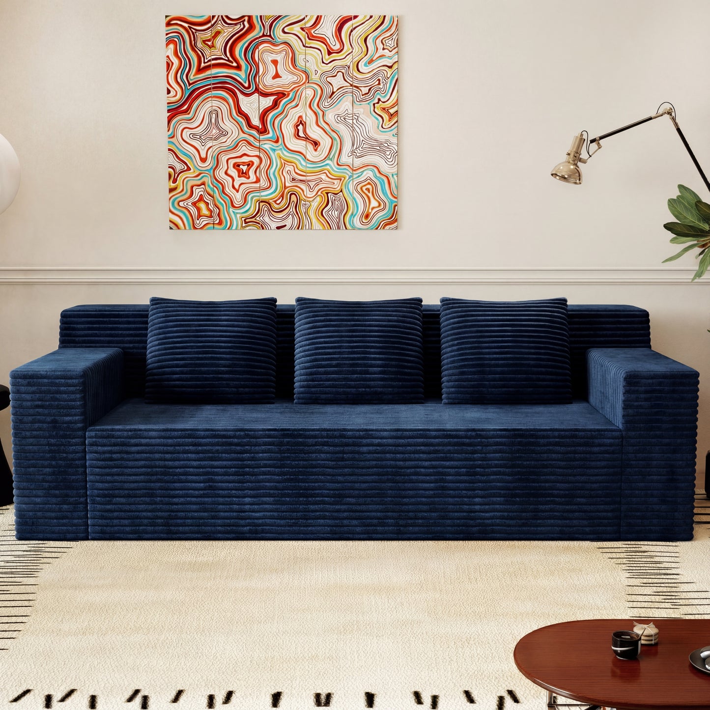 SESSLIFE Corduroy 3 Seater Sofa Couch, Deep Seat Comfy Loveseat Sofa with Foam Cushion, No Assembly Required Couch for Apartment, Bedroom or Studio Living, Black